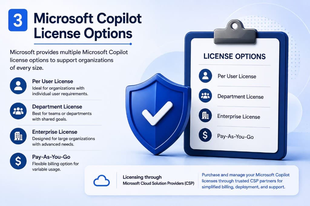 Microsoft Copilot license options including per user, department, enterprise, and pay-as-you-go through CSP partners.