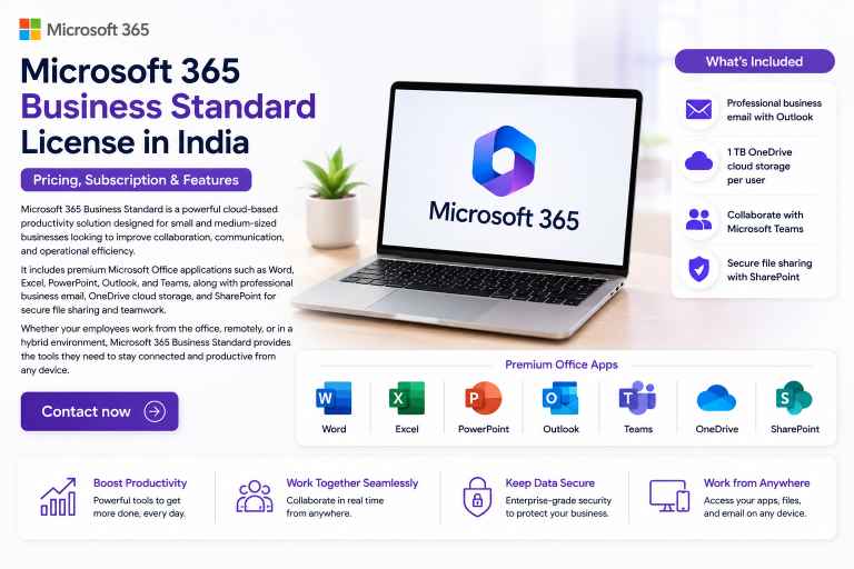 Microsoft 365 Business Standard license in India — pricing, subscription, and features including Outlook, OneDrive, Teams, and SharePoint.