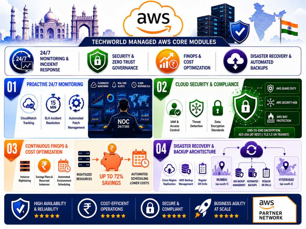 Enterprise capabilities overview of TechWorld Solution managed AWS service in India.