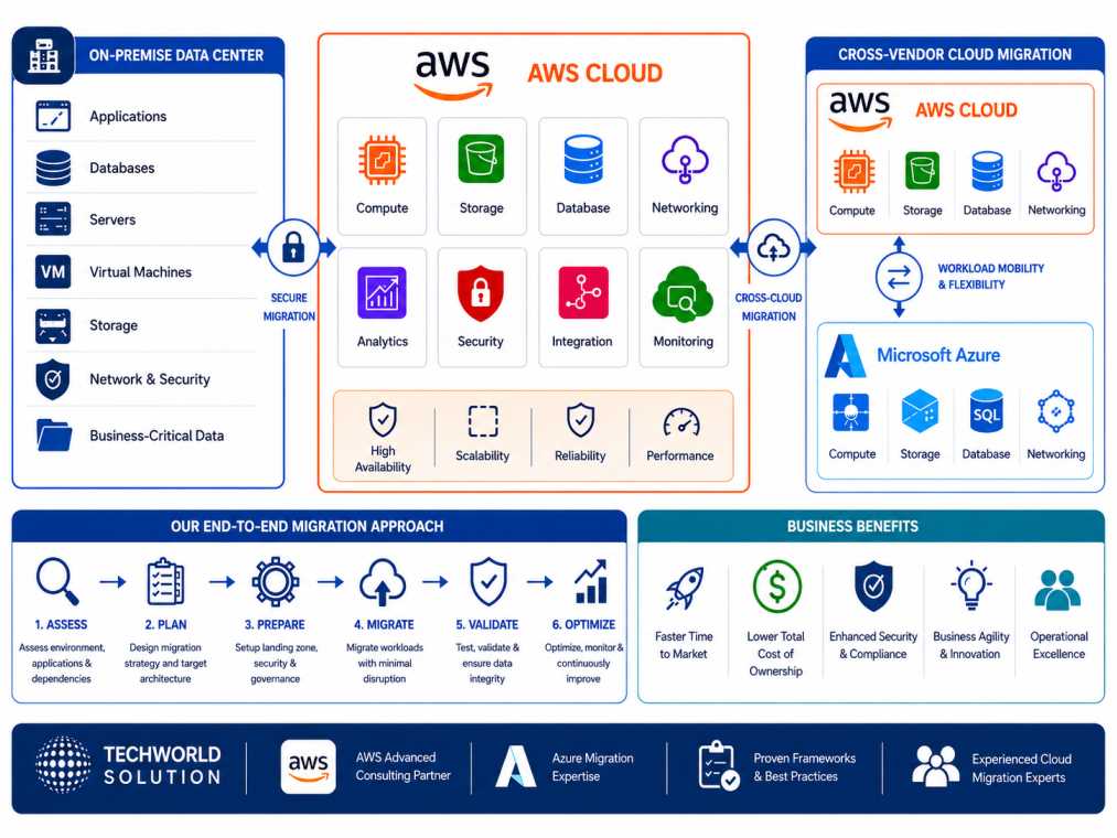 Enterprise on-premise to AWS cross-vendor cloud migration scenarios and workflow infographic.