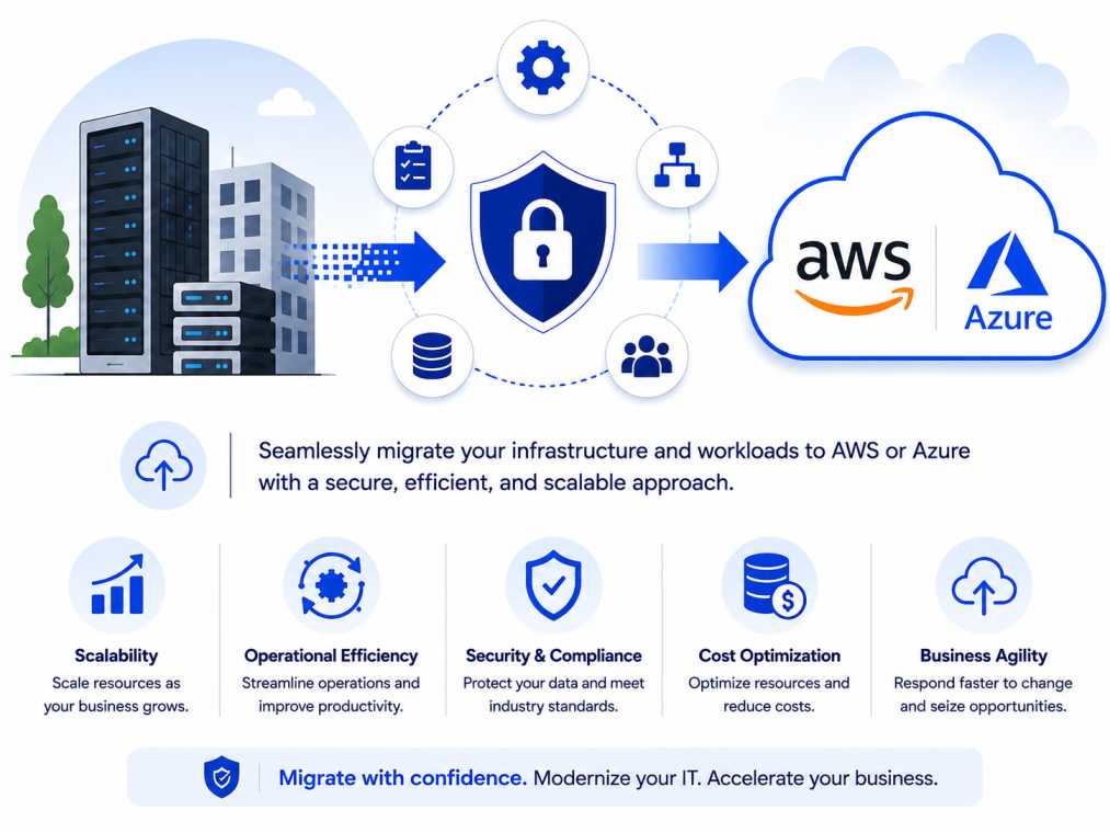 Infographic showing on-premise to AWS and Azure cloud migration services and architecture.