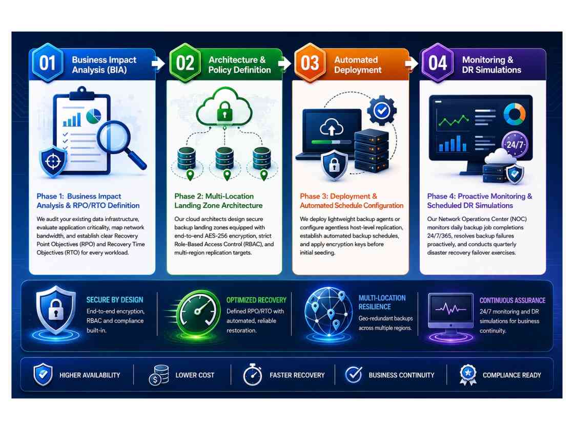 Four-phase enterprise backup and data recovery delivery framework — business impact analysis, architecture, deployment, and DR simulations.