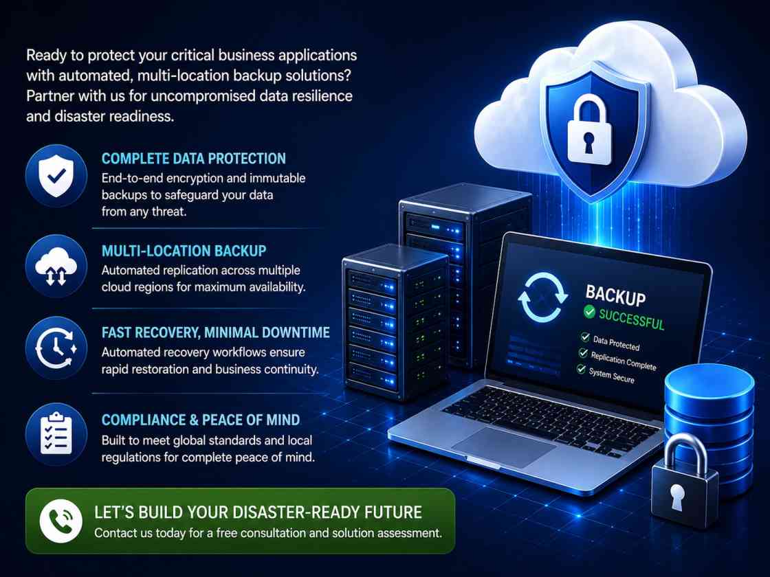 Secure your enterprise data with automated multi-location backup solutions and disaster readiness assessment from TechWorld Solution.