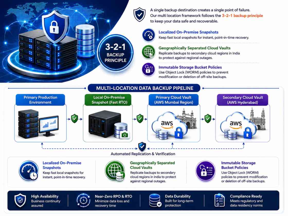 Multi-location data backup architecture in India following the 3-2-1 principle across on-premise snapshots, AWS Mumbai, and AWS Hyderabad cloud vaults.