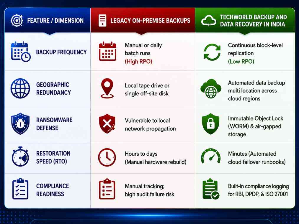 Technical comparison of legacy on-premise backups versus TechWorld modern managed backup and data recovery in India.