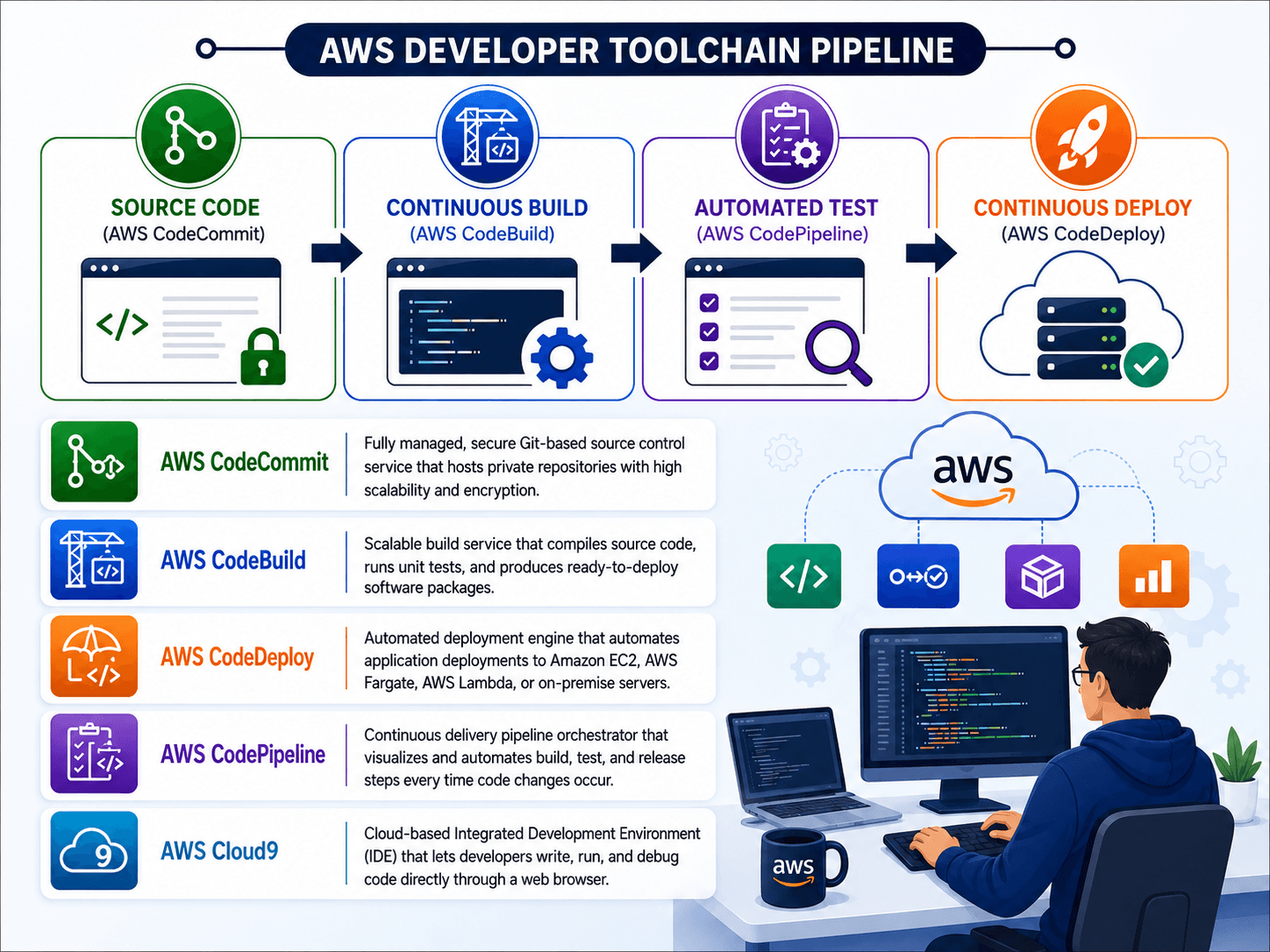 AWS developer toolchain pipeline for DevOps services in India — CodeCommit, CodeBuild, CodePipeline, CodeDeploy, and Cloud9.