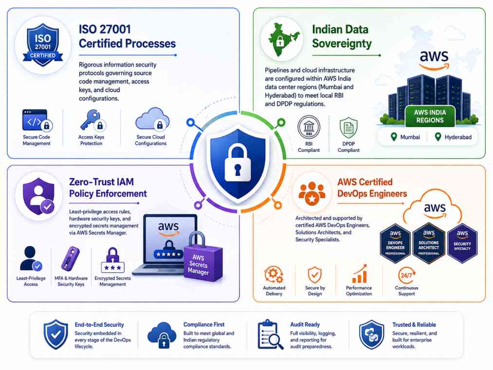 Enterprise security and regulatory compliance for AWS DevOps in India — ISO 27001, Indian data sovereignty, zero-trust IAM, and certified engineers.