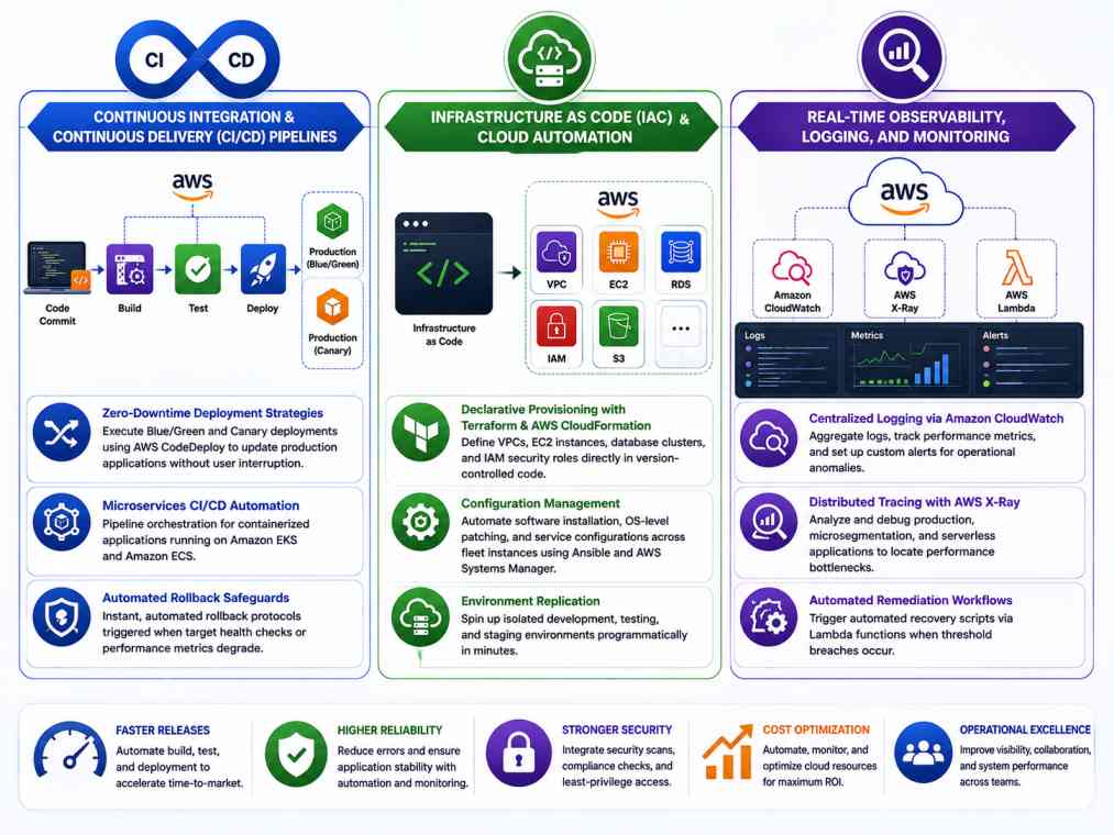 Core AWS DevOps capabilities in India — CI/CD pipelines, Infrastructure as Code automation, and real-time observability with CloudWatch and X-Ray.
