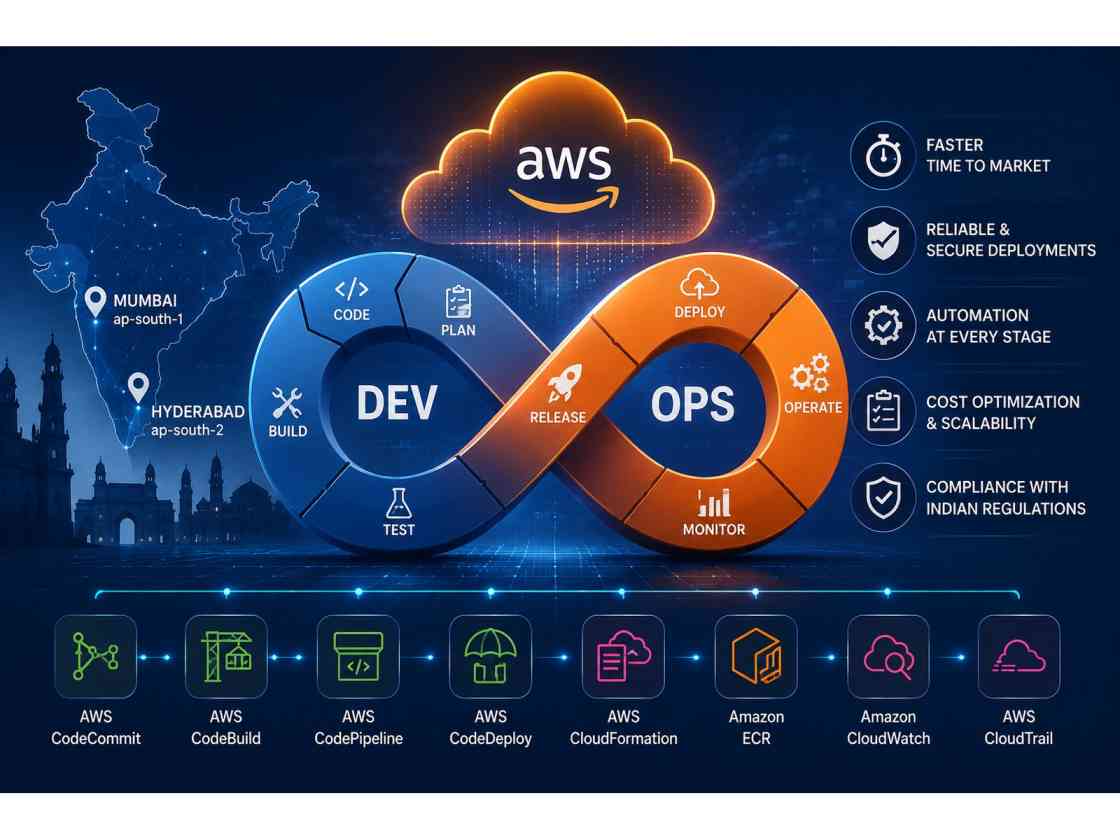 AWS DevOps continuous delivery in India — automated CI/CD pipeline across CodeCommit, CodeBuild, CodePipeline, and CodeDeploy in Mumbai and Hyderabad regions.